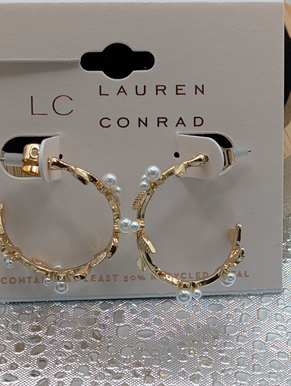 LC Lauren Conrad Gold Hoop Earrings with Pearl Accents